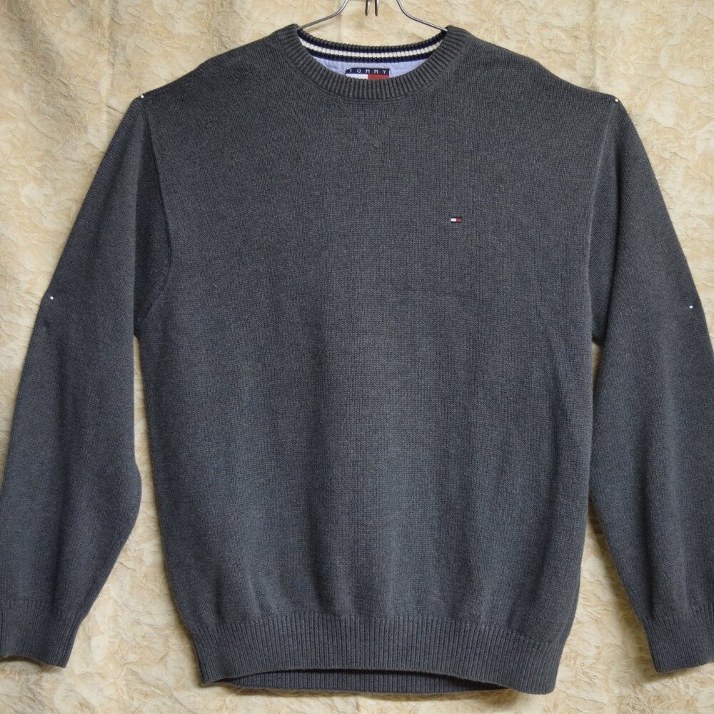 Y2K VTG Tommy Hilfiger Cotton Sweater Men Pullover Sz XL Gray THICK Academia - Picture 1 of 7